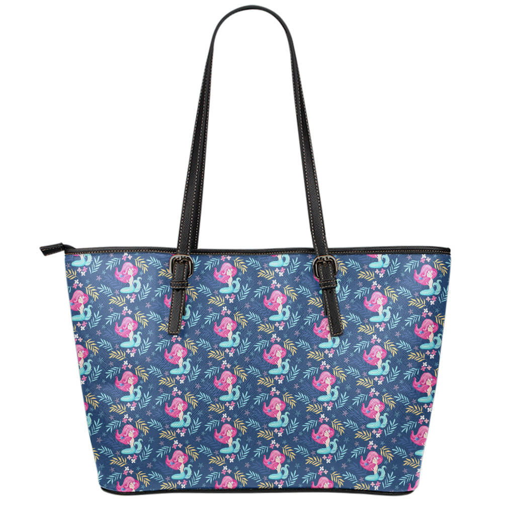 Little Cute Mermaid Pattern Print Leather Tote Bag