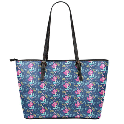 Little Cute Mermaid Pattern Print Leather Tote Bag