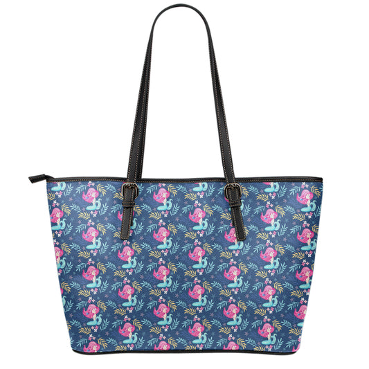 Little Cute Mermaid Pattern Print Leather Tote Bag