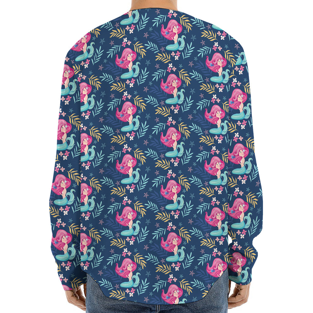 Little Cute Mermaid Pattern Print Long Sleeve Baseball Jersey