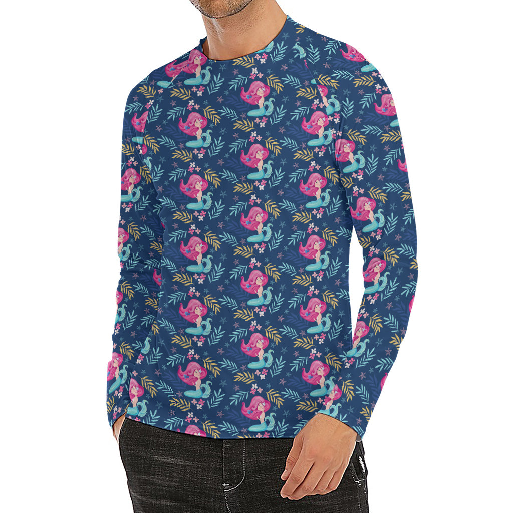 Little Cute Mermaid Pattern Print Men's Long Sleeve Rash Guard