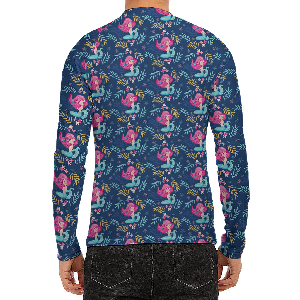Little Cute Mermaid Pattern Print Men's Long Sleeve Rash Guard