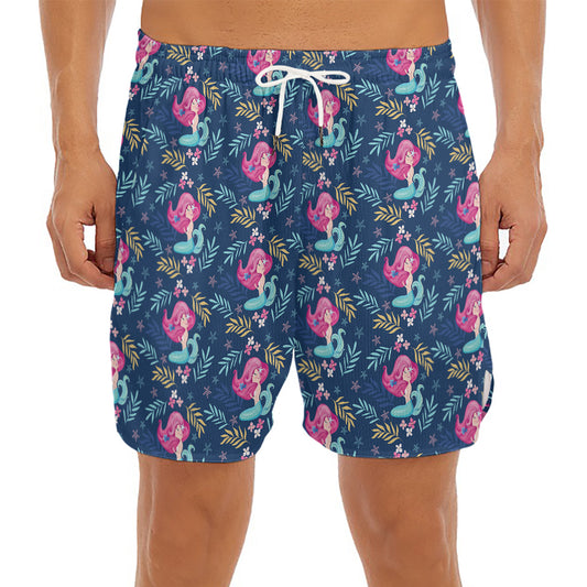 Little Cute Mermaid Pattern Print Men's Split Running Shorts