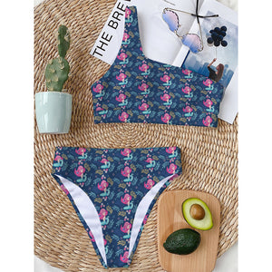 Little Cute Mermaid Pattern Print One Shoulder Bikini Top