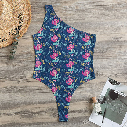 Little Cute Mermaid Pattern Print One Shoulder Bodysuit