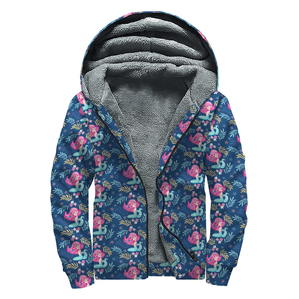 Little Cute Mermaid Pattern Print Sherpa Lined Zip Up Hoodie