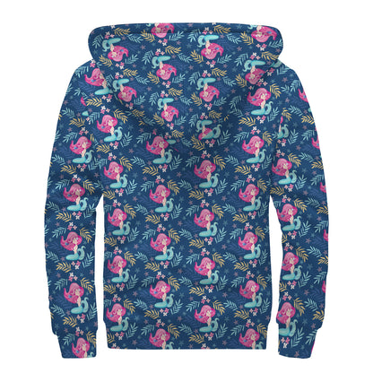 Little Cute Mermaid Pattern Print Sherpa Lined Zip Up Hoodie