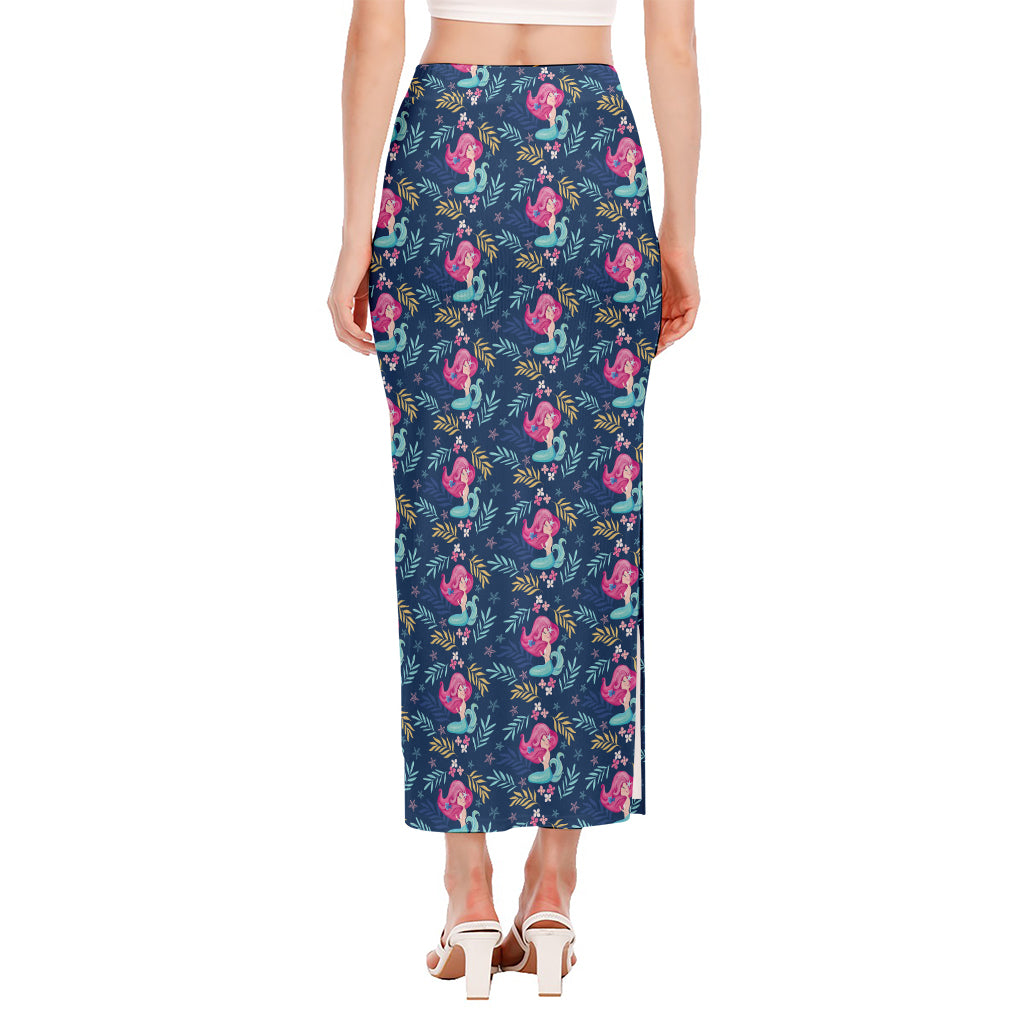 Little Cute Mermaid Pattern Print Side Slit Maxi Skirt