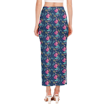 Little Cute Mermaid Pattern Print Side Slit Maxi Skirt