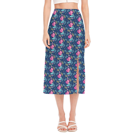 Little Cute Mermaid Pattern Print Side Slit Midi Skirt