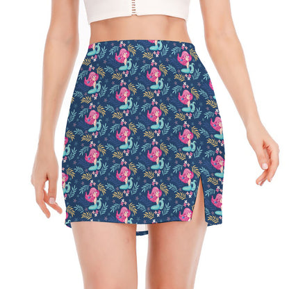 Little Cute Mermaid Pattern Print Side Slit Mini Skirt