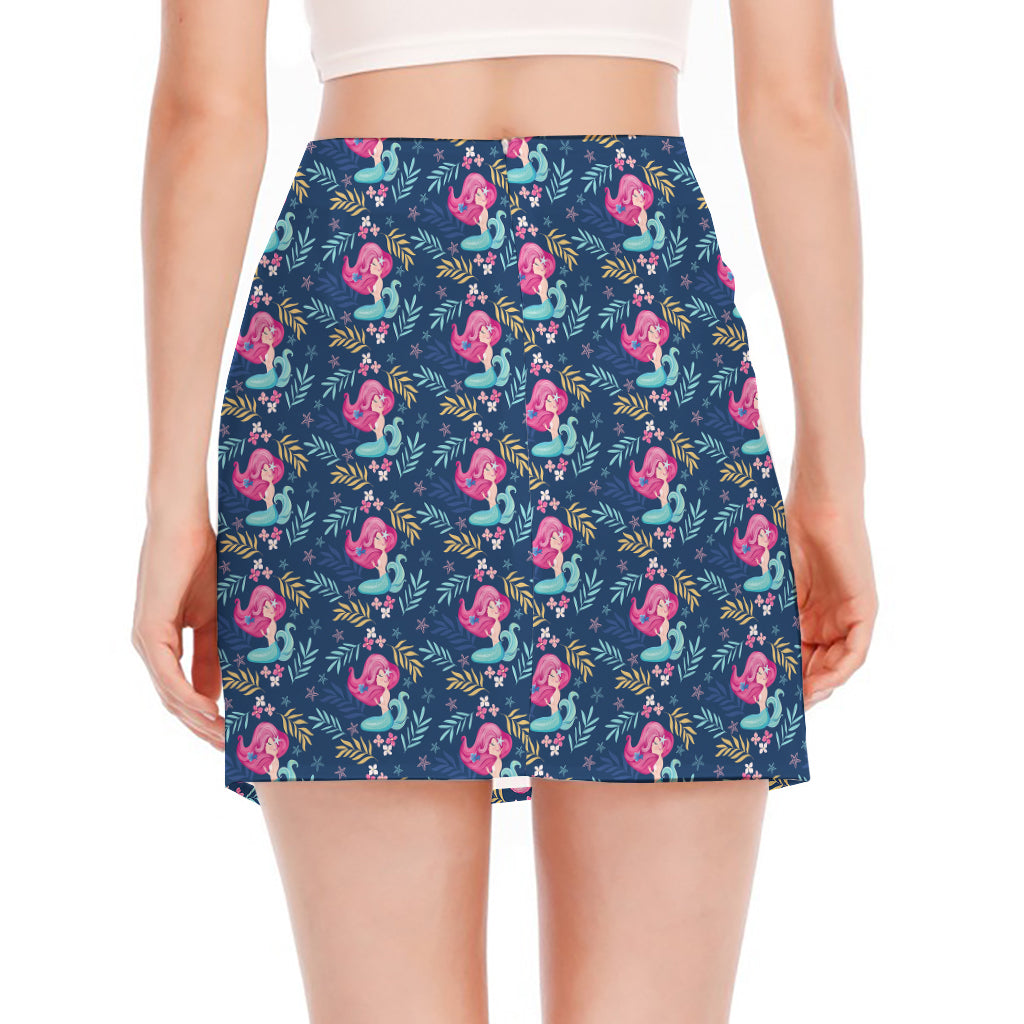 Little Cute Mermaid Pattern Print Side Slit Mini Skirt