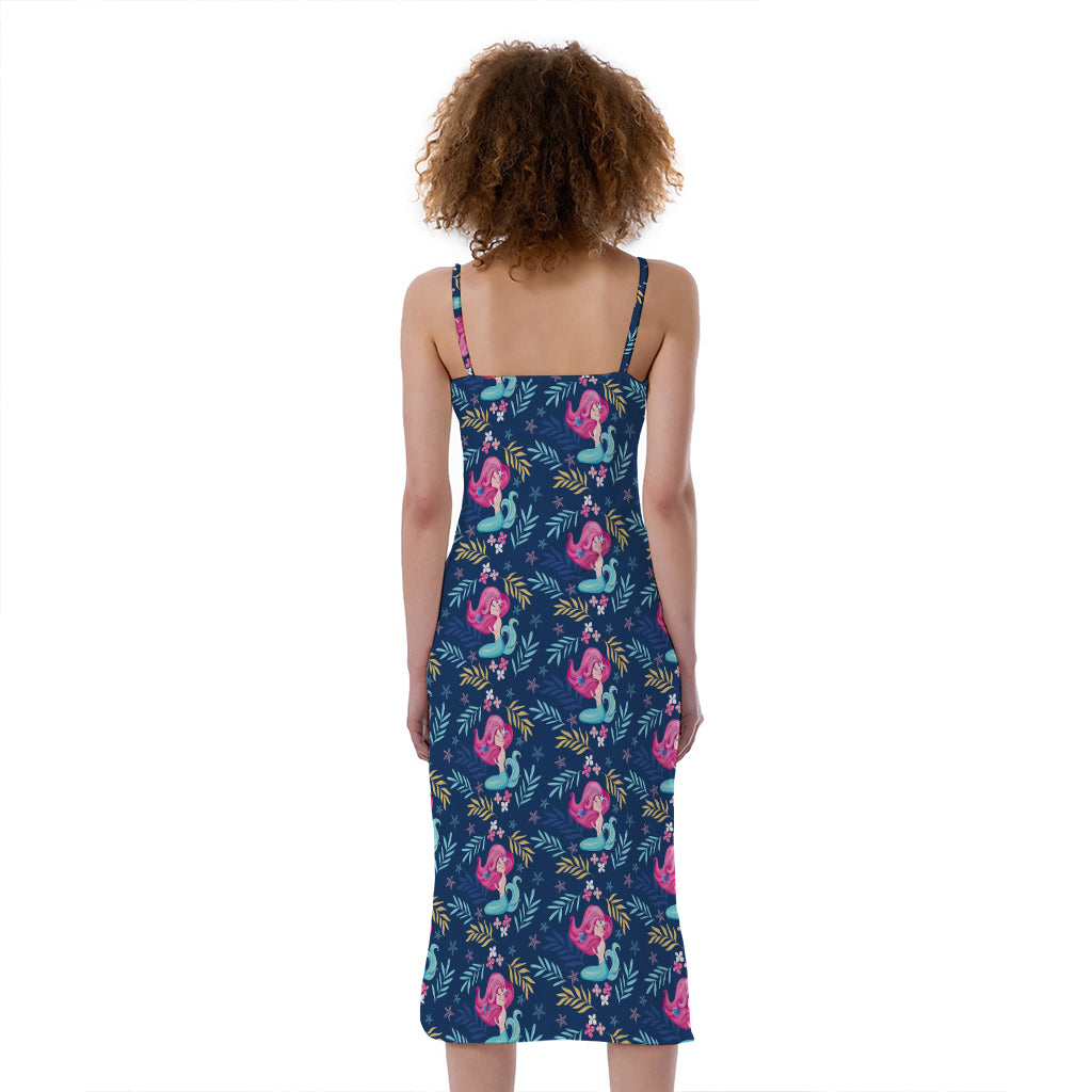 Little Cute Mermaid Pattern Print Slim Fit Midi Cami Dress