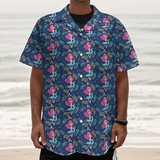 Little Cute Mermaid Pattern Print Textured Short Sleeve Shirt