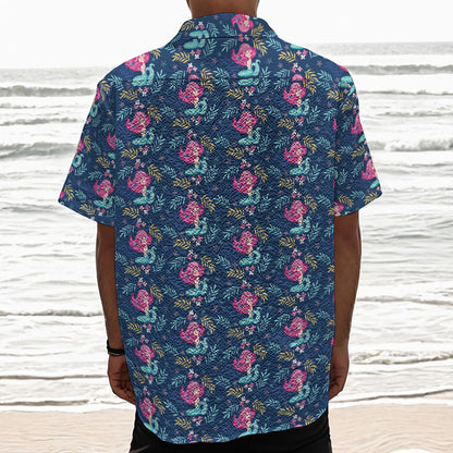 Little Cute Mermaid Pattern Print Textured Short Sleeve Shirt