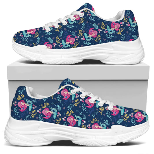 Little Cute Mermaid Pattern Print White Chunky Shoes