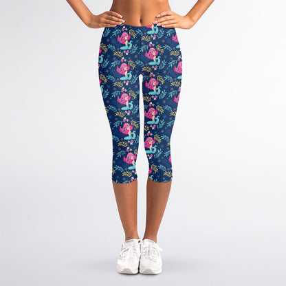 Little Cute Mermaid Pattern Print Women's Capri Leggings