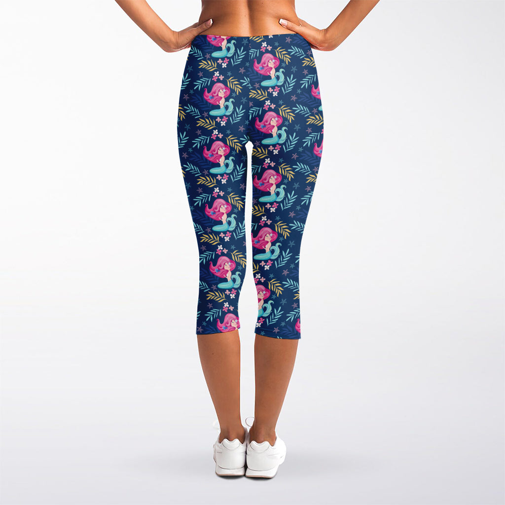 Little Cute Mermaid Pattern Print Women's Capri Leggings