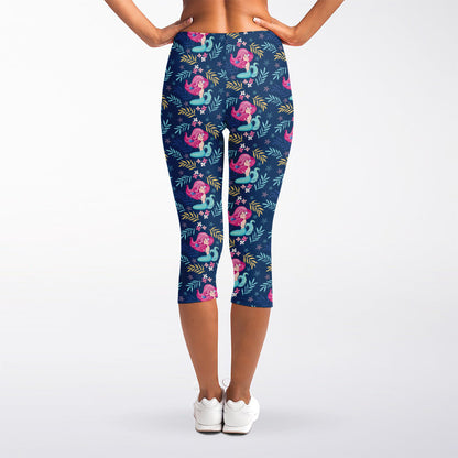 Little Cute Mermaid Pattern Print Women's Capri Leggings