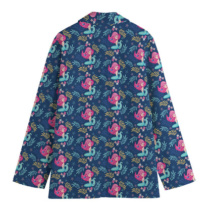 Little Cute Mermaid Pattern Print Women's Cotton Blazer