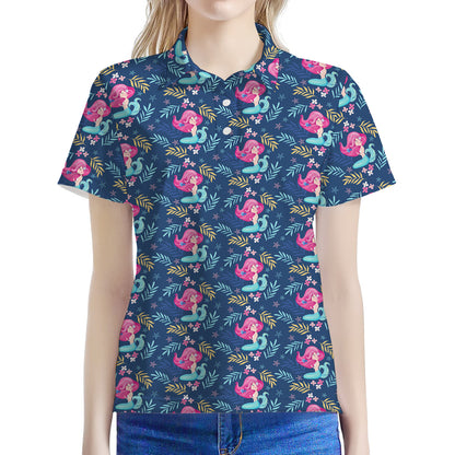 Little Cute Mermaid Pattern Print Women's Polo Shirt