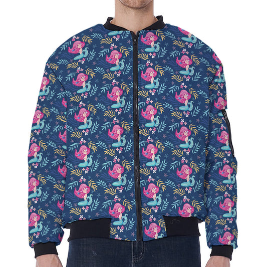 Little Cute Mermaid Pattern Print Zip Sleeve Bomber Jacket
