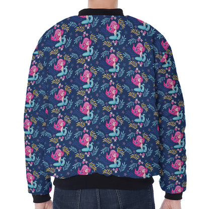 Little Cute Mermaid Pattern Print Zip Sleeve Bomber Jacket