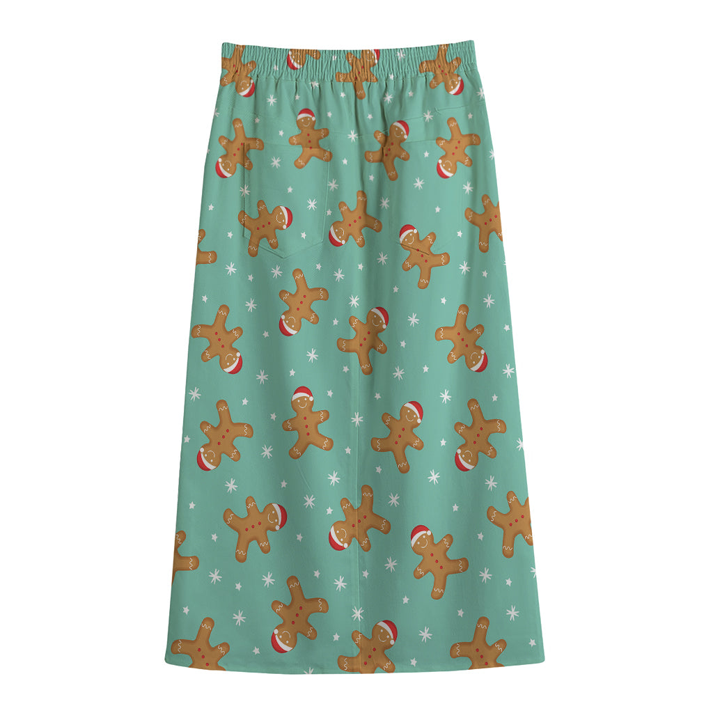 Little Gingerbread Man Pattern Print Cotton Front Slit Maxi Skirt