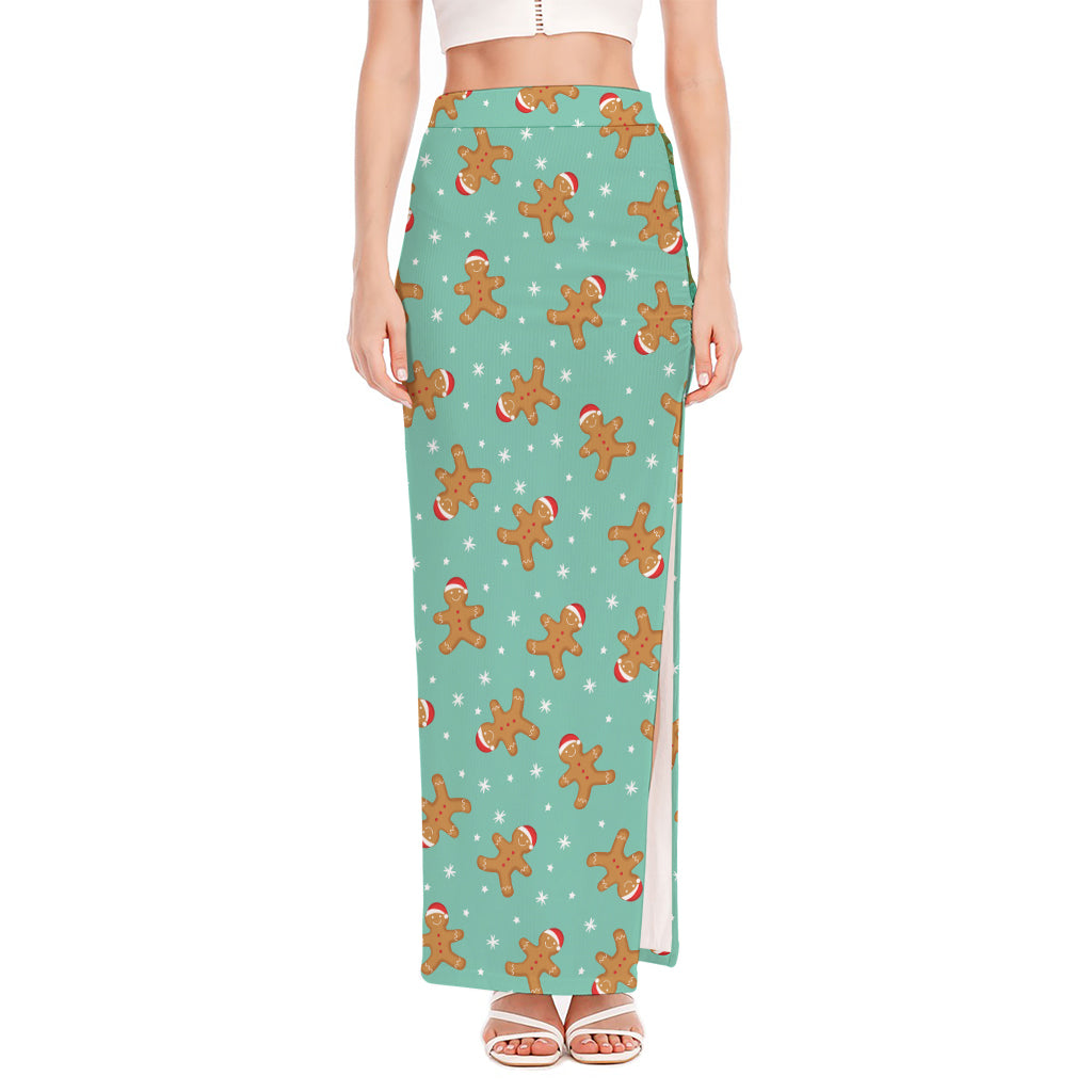 Little Gingerbread Man Pattern Print High Slit Maxi Skirt