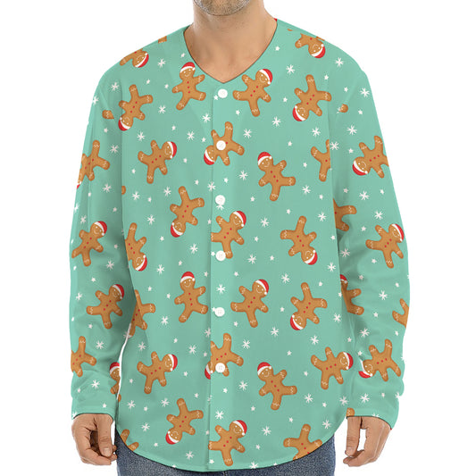 Little Gingerbread Man Pattern Print Long Sleeve Baseball Jersey