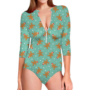 Little Gingerbread Man Pattern Print Long Sleeve Swimsuit