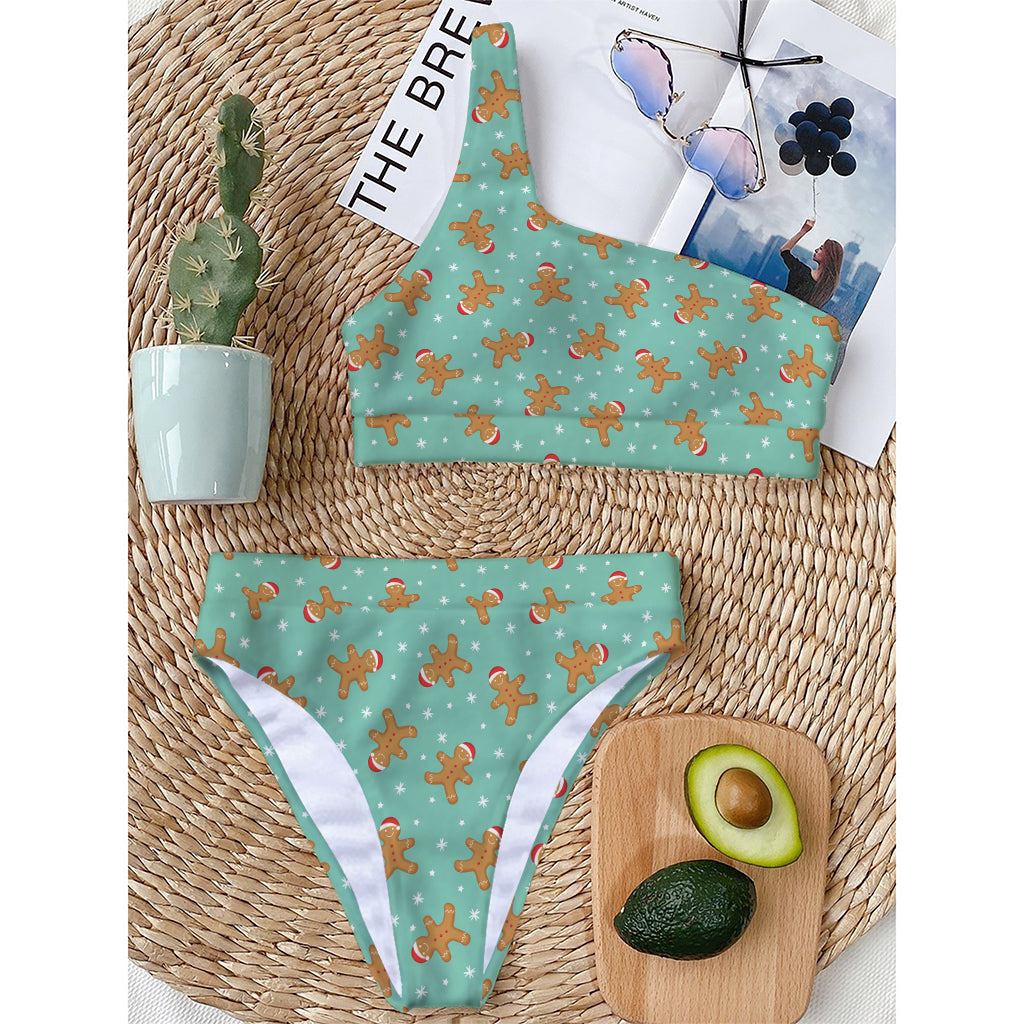 Little Gingerbread Man Pattern Print One Shoulder Bikini Top