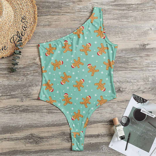 Little Gingerbread Man Pattern Print One Shoulder Bodysuit