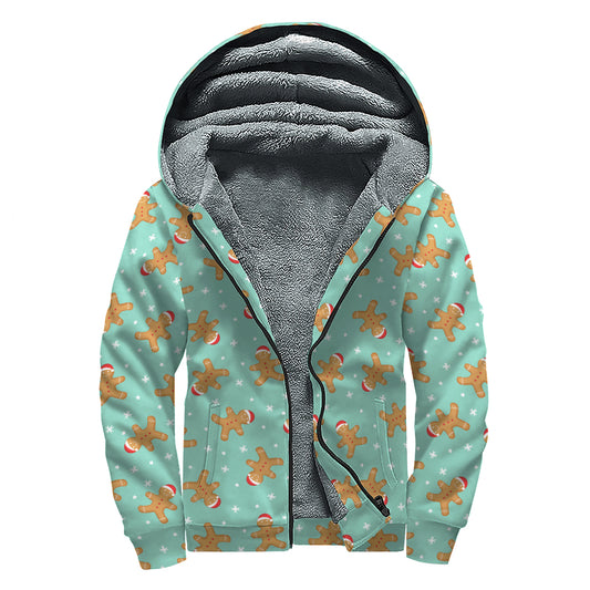 Little Gingerbread Man Pattern Print Sherpa Lined Zip Up Hoodie