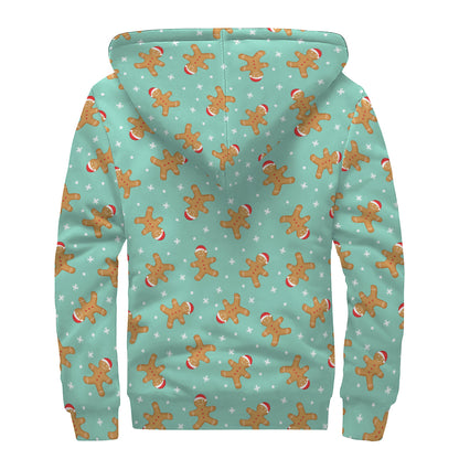 Little Gingerbread Man Pattern Print Sherpa Lined Zip Up Hoodie