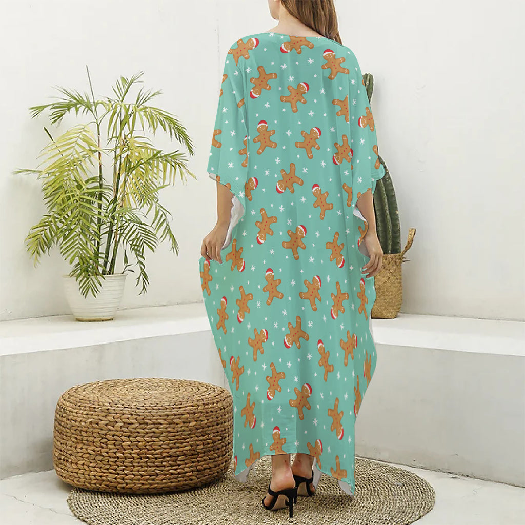 Little Gingerbread Man Pattern Print Silk V-Neck Kaftan Dress