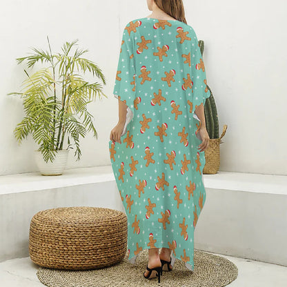 Little Gingerbread Man Pattern Print Silk V-Neck Kaftan Dress