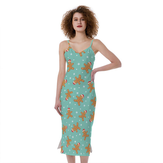 Little Gingerbread Man Pattern Print Slim Fit Midi Cami Dress