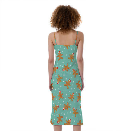 Little Gingerbread Man Pattern Print Slim Fit Midi Cami Dress