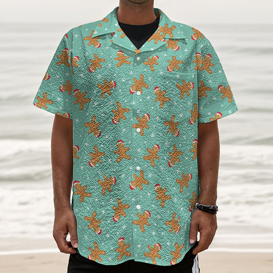 Little Gingerbread Man Pattern Print Textured Short Sleeve Shirt