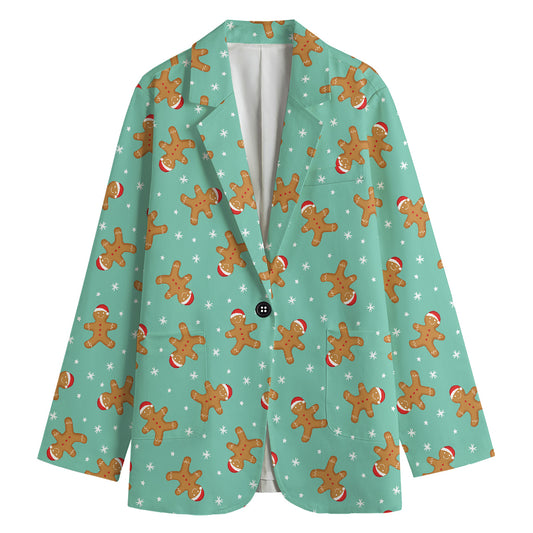 Little Gingerbread Man Pattern Print Women's Cotton Blazer