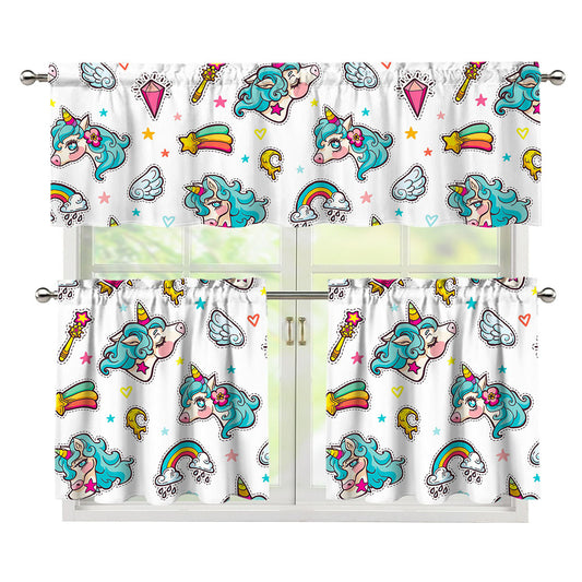 Little Girly Unicorn Pattern Print 3 Piece Kitchen Curtains