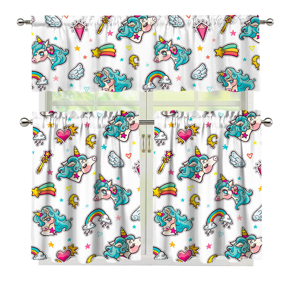 Little Girly Unicorn Pattern Print 3 Piece Kitchen Curtains