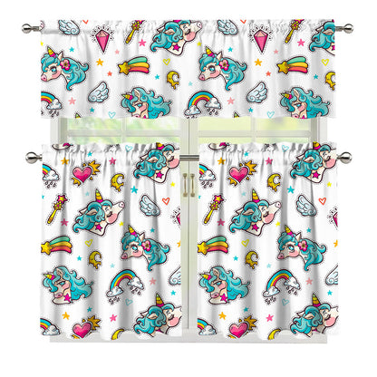 Little Girly Unicorn Pattern Print 3 Piece Kitchen Curtains