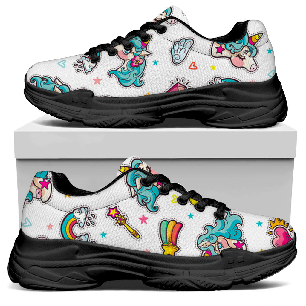 Little Girly Unicorn Pattern Print Black Chunky Shoes