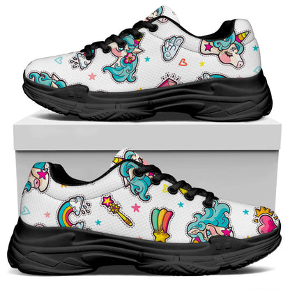 Little Girly Unicorn Pattern Print Black Chunky Shoes