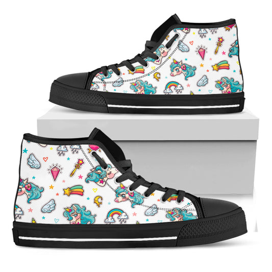 Little Girly Unicorn Pattern Print Black High Top Sneakers