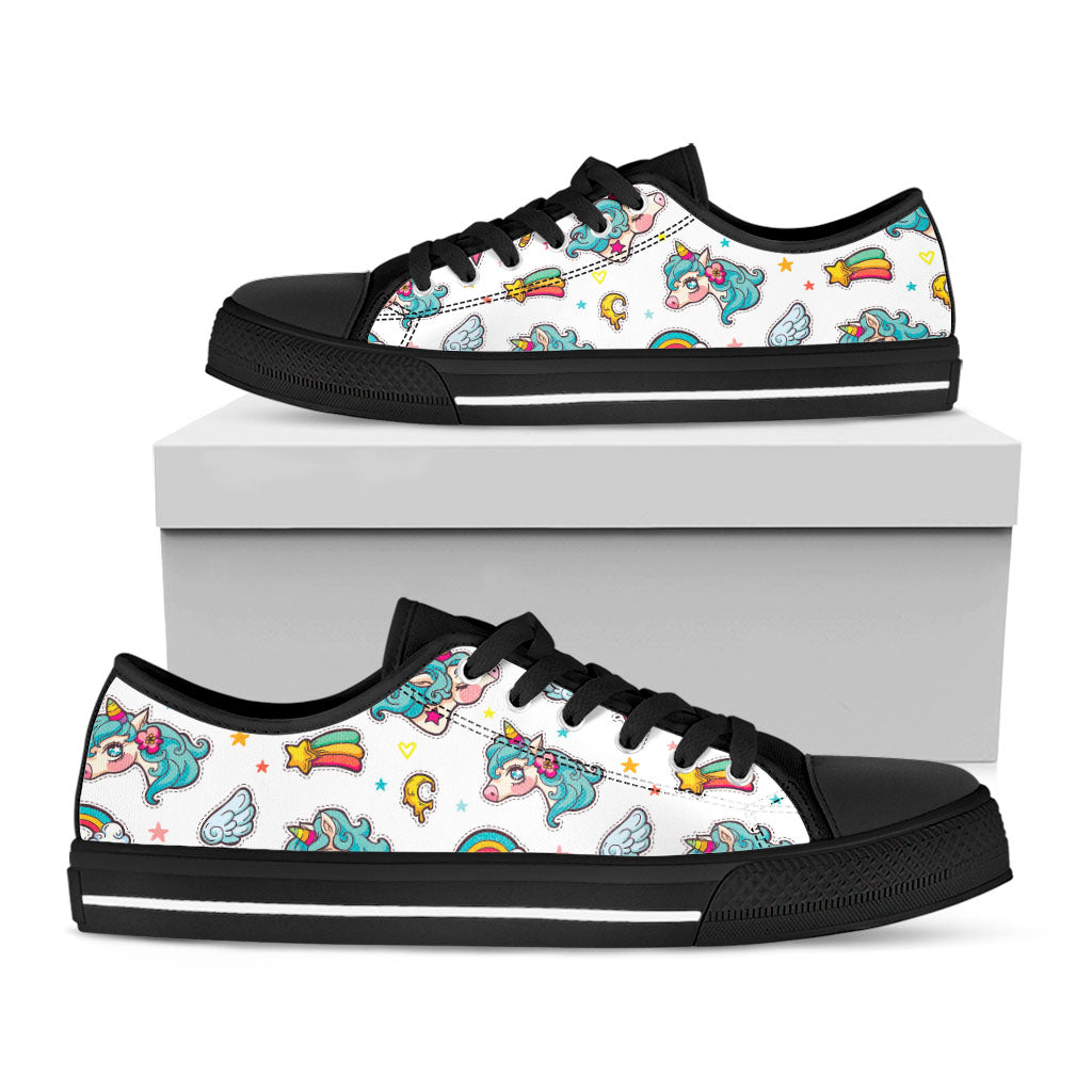 Little Girly Unicorn Pattern Print Black Low Top Sneakers