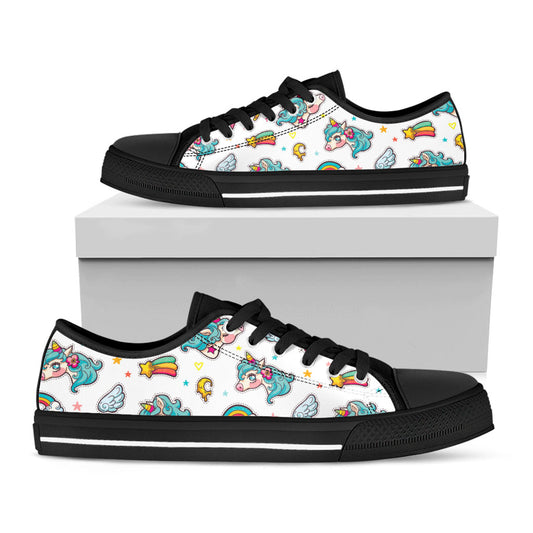 Little Girly Unicorn Pattern Print Black Low Top Sneakers
