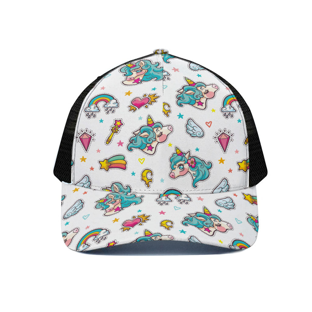 Little Girly Unicorn Pattern Print Black Mesh Trucker Cap